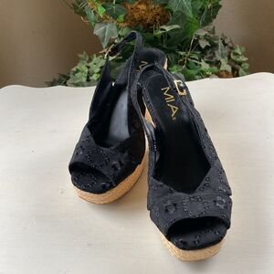 Mia Black Embroiled Floral Peep Toe Platform Raffia Espadrille Sandals Size 7M